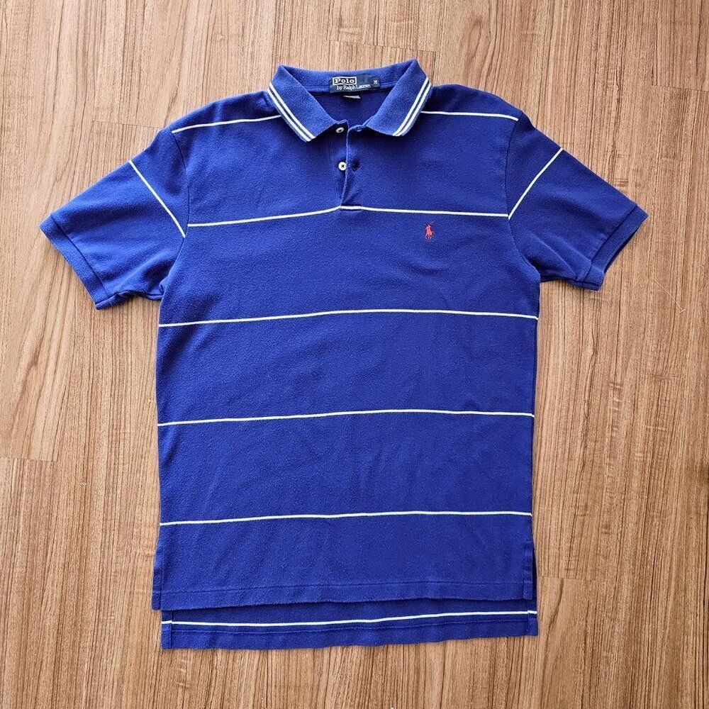 Polo Ralph Lauren Medium Blue White Stripped Vintage Short Sleeve Polo Shirt